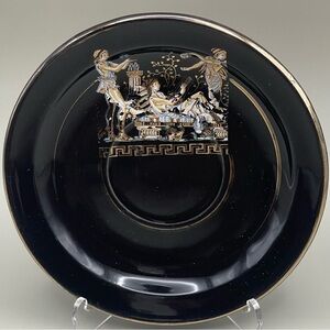Vintage Handmade Greek Black Glass Plates 24K Gold Grecian Scene Set of 2